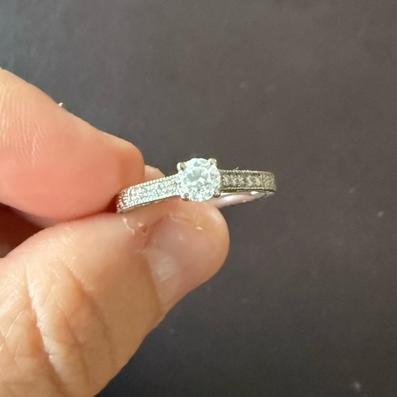 14K White Gold Round Cut Diamond Pavé Engagement Ring - Picture 3 of 7